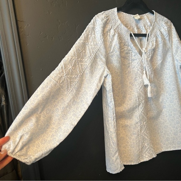 JOlE Long Sleeve Blouse Embroidered Floral Blue and White Linen Top Size:S - Picture 5 of 10